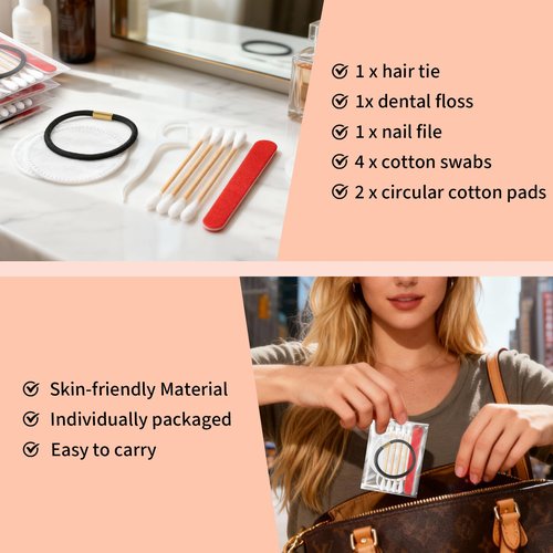 Bulk Hotel Vanity Kit Individually Wrapped Vanity Kit Travel,Hotel Hospitality Supplies,Hygiene Products Include Disposable Cotton Pads,Cotton Swabs,Hair Tie,Nail File,Dental Floss（50）