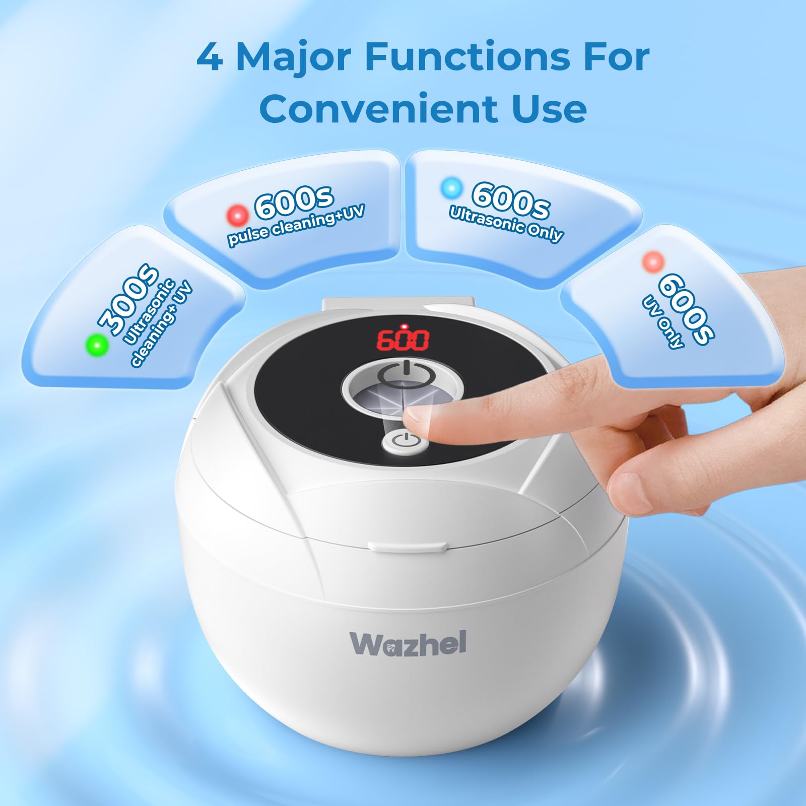 Wazhel Ultrasonic Retainer Cleaner Machine, 45kHz Dental Cleaning Pod for Denture, Mouth Guard, Night Guard, Aligner, Braces, Toothbrush, 200ML Denture Cleaner with Digital Timer & 4 Modes, White