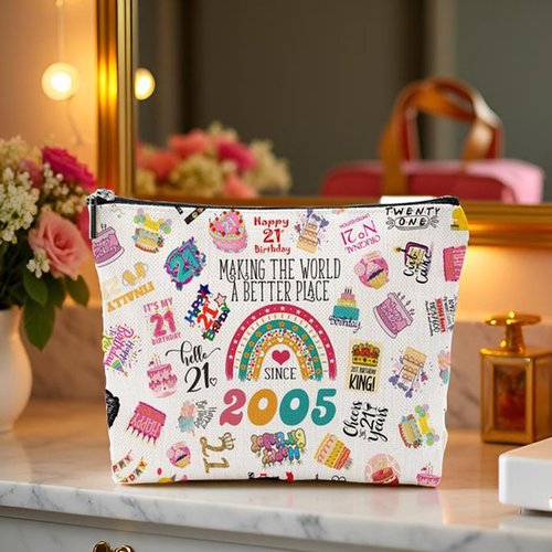 NONETH 21st Birthday Gifts for Her, 21 Year Old Birthday Gifts for Her, Sister, 2005 Birthday Makeup Bag & Travel Toiletry Bag, Unique Happy 21st Birthday Decorations & Party Favors & Gifts for Women