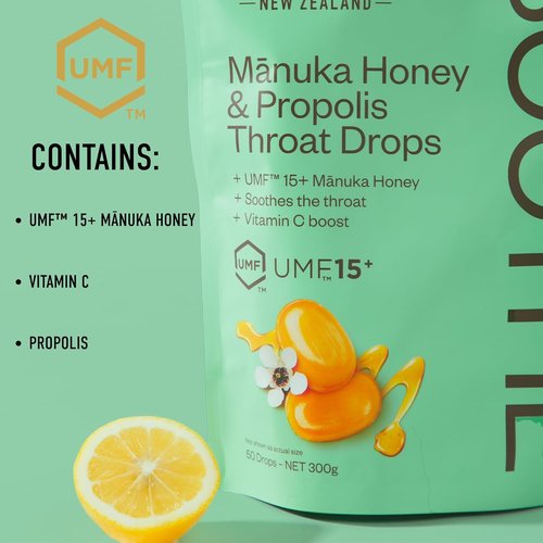Egmont Honey Manuka Honey & Propolis Throat Drops - 15 Count | UMF 15+ New Zealand Honey with Vitamin C for Natural Soothing Relief
