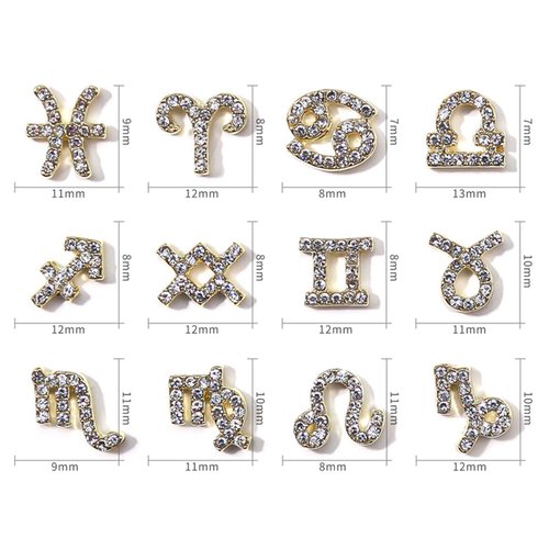JERCLITY 48 Pieces Gold Silver Alloy Zodiac Nail Charms Zodiac Signs Nail Studs Constellation Words Charms for Nails Twelve Constellation Set for Women Girls