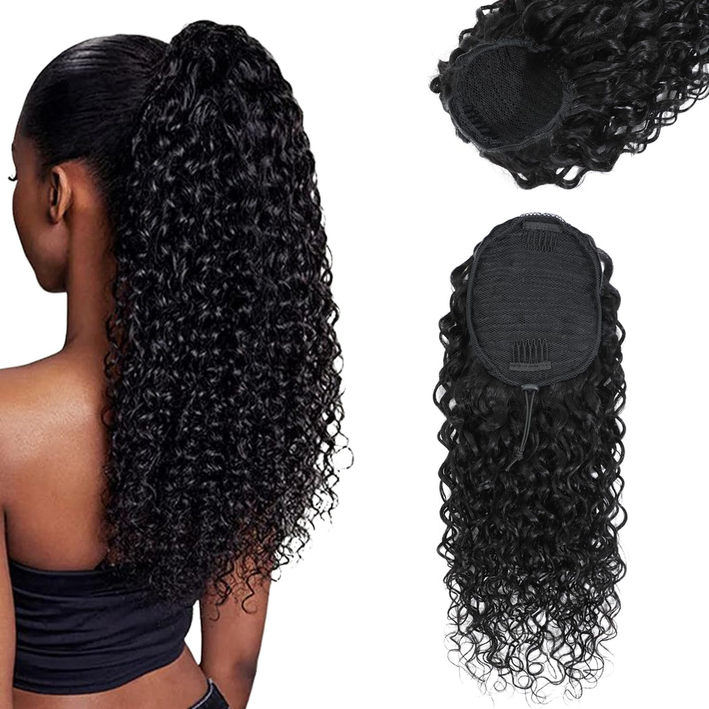 Yacurcur Water Wave Drawstring Ponytail Brazilian Remy Human Hair Ponytail Extensions for Black Women Ponytail Extension Human Hair Pieces Natural Black 16 Inch
