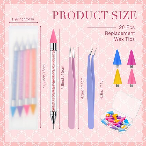 Tatuo 4 Set/26 Pcs Rhinestone Picker Tool Dotting Pen Dual-ended Nail Art Rhinestones Applicator Gems Crystals Beads Picker Wax Pencil with 20 Wax Head 2 Tweezers DIY Nail Art Tool(Pastel)