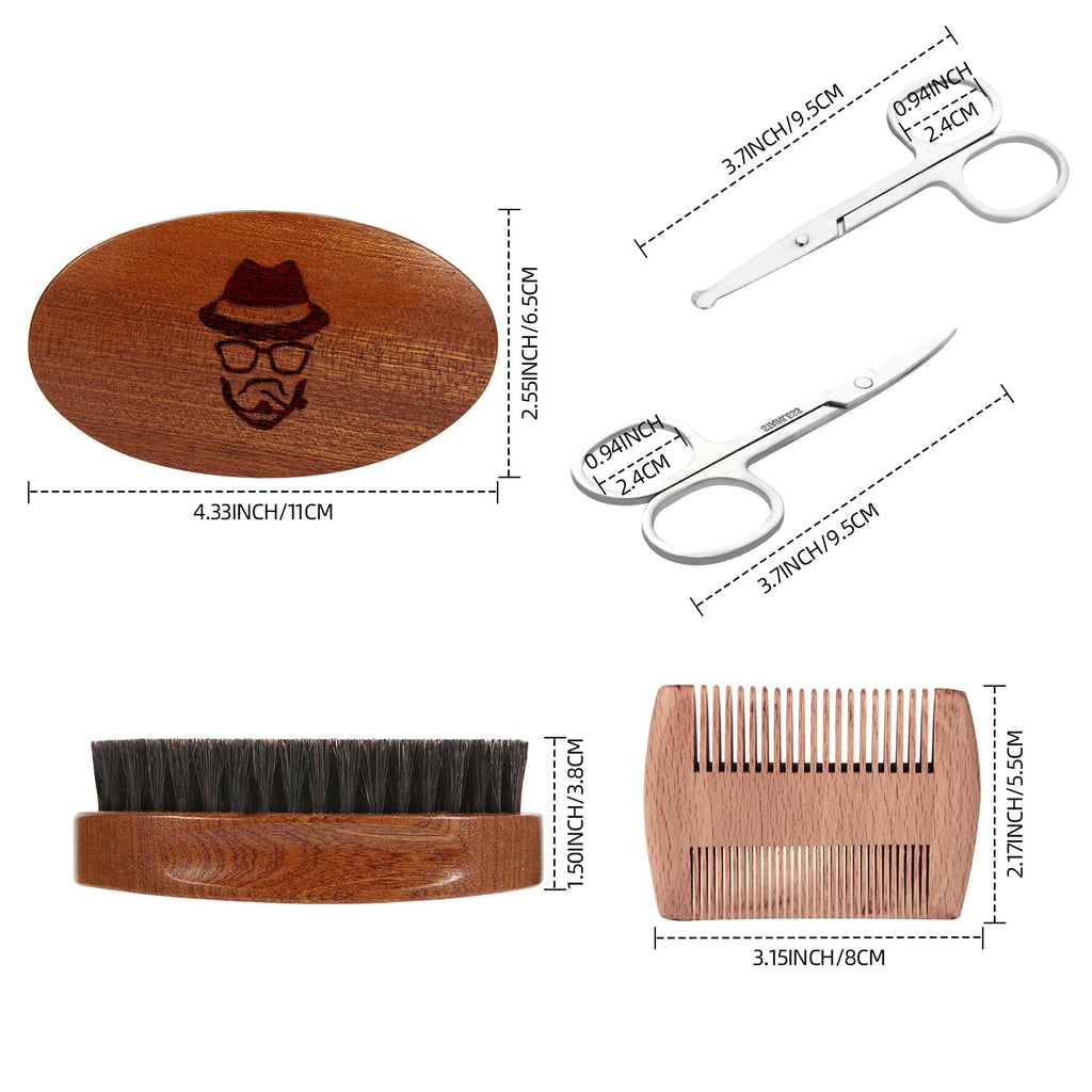 Walnut Wood Grooming Set for Men: Boar Bristle Brush, Beard Comb, Mustache Scissors, and Travel Bag