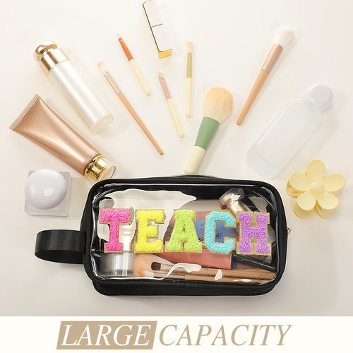 Kacctyen Teach Bag Pouch Teacher Gift Survival Kit Bag Clear Makeup Chenille Letter Cosmetics Nylon Toiletry Waterproof Makeup Travel Pouch Teacher Stuff for Women