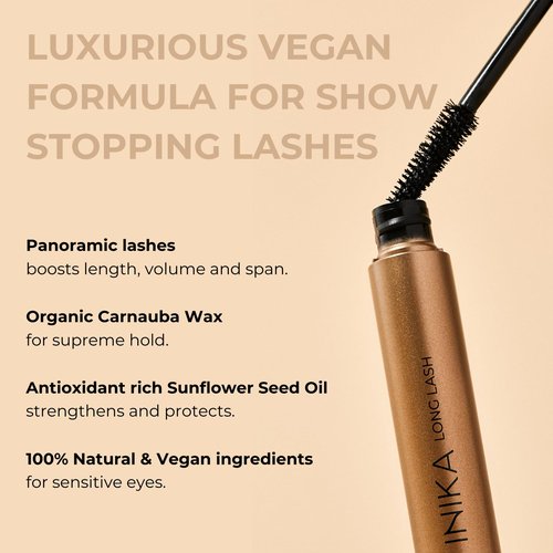 INIKA Organic Long Lash Mascara - Vegan, Non-Toxic Mascara for Volume and Length, Enriched with Essential Fatty Acids, Magnolia Bark Extract & Vitamin E, Cruelty-Free, Black