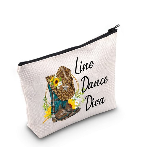 G2TUP Line Dance Gift Line Dance Diva Makeup Bag Western Country Music Dancing Dancer Cosmetic Bag Country Music Lover Gift Zipper Travel Bag (Line Dance Diva White Bag 2.0)
