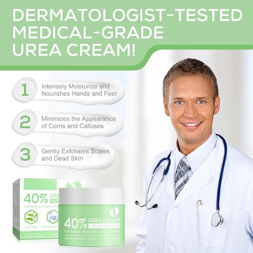 Urea Cream 40 Percent for Feet, plus 2 Percent Salicylic Acid - for Rough Thick Dry & Cracked Skin - Gently Exfoliates - Feet Hands Elbows - Tea Tree, Aloe Vera - 5.29 Oz(150g)