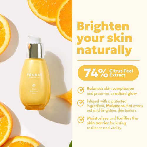 FRUDIA Citrus Brightening Serum - 74% Jeju Tangerine Peel Extract & Vitamin C | 1.76 Oz Korean Facial Serum for Dark Spots & Hyperpigmentation