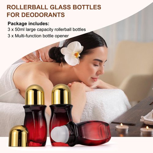 JIUWU 3 Pack 50ml Empty Glass Roller Bottles for Essential Oils, Perfume, Cosmetics with Plastic Roller Ball and Screw Cap, Leak Proof Refillable Deodorant Containers