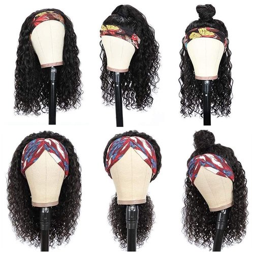 Claudianie Water Wave Headband Wig Human Hair for Black Women 12 Inch Wet and Wave Headband Wig Brazilian Virgin Hair Glueless None Lace Front Water Wave Wigs Human Hair Natural Black 150% Density