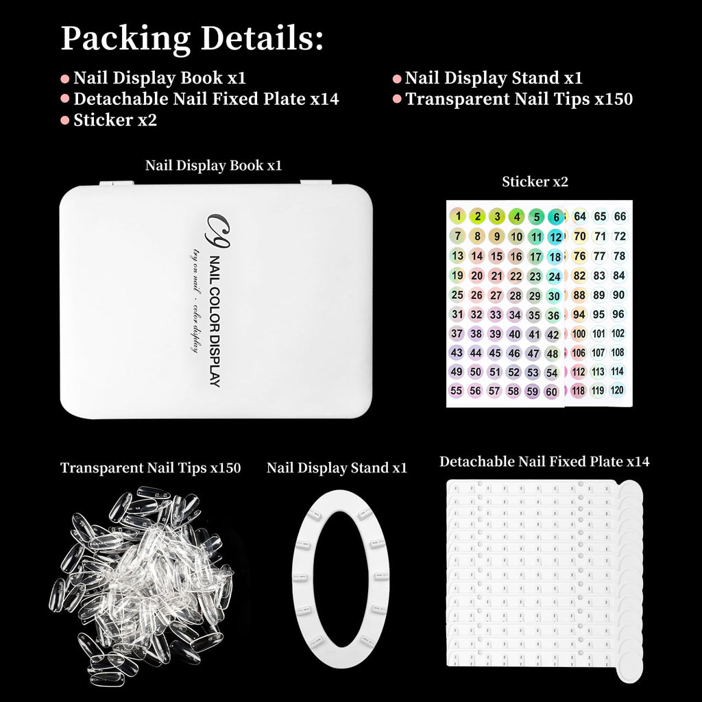 YINGJEE Nail Color Display Book Nail Swatch, 120 Colors Nail Polish Sample Display Book with Transparent Replacement Nails, Professional Nail Gel Color Card Book, No Need Pasting, No Need Glue