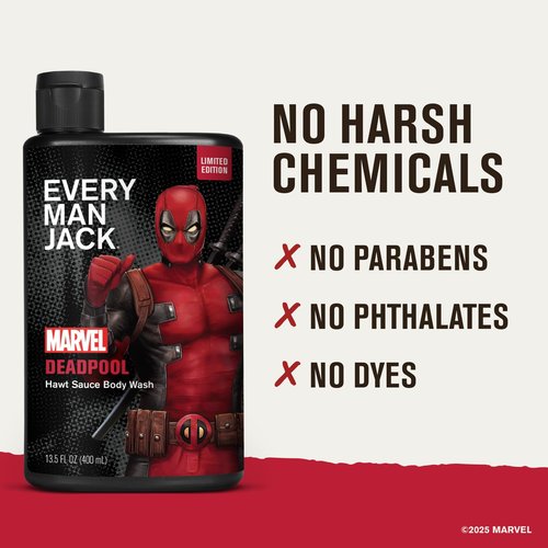 Every Man Jack Deadpool Body Wash Gift for Men – Plant-Based Cleansers & Moisturizers – Paraben & Dye Free – 13.5 fl oz (2 Pack)