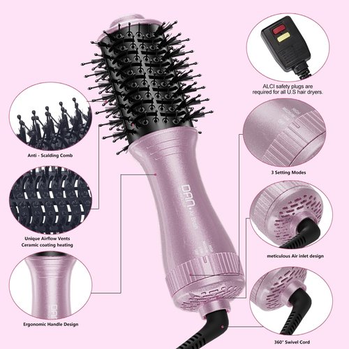 DAN Technology Auto Dual Voltage Hair Dryer Brush,110V-120V/220V-240V,Travel Brush Hair Dryer,Small Blow DryerBrush,one Step Hair Dryer and volumizer for Women
