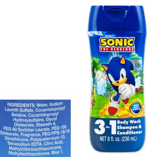 Sonic the Hedgehog Kids Shampoo & Conditioner | 3-in-1 Berry Scented Body Wash Bundle - 8 Oz Bottles & Stickers