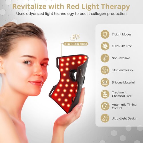LANSSPARIE LED Light Therapy Mask, 7 Modes Soft Silicone Red Light Therapy Mask for Face and Neck, Red Light Face Mask with 5 Brightness Levels for Anti-Aging, Skincare at Home & Travel - E106A