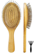 Skiennix Wooden Paddle Detangling Brush - Anti-Frizz Metal Bristle Hairbrush for All Hair Types
