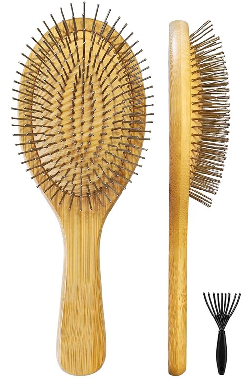 Skiennix Wooden Paddle Detangling Brush - Anti-Frizz Metal Bristle Hairbrush for All Hair Types