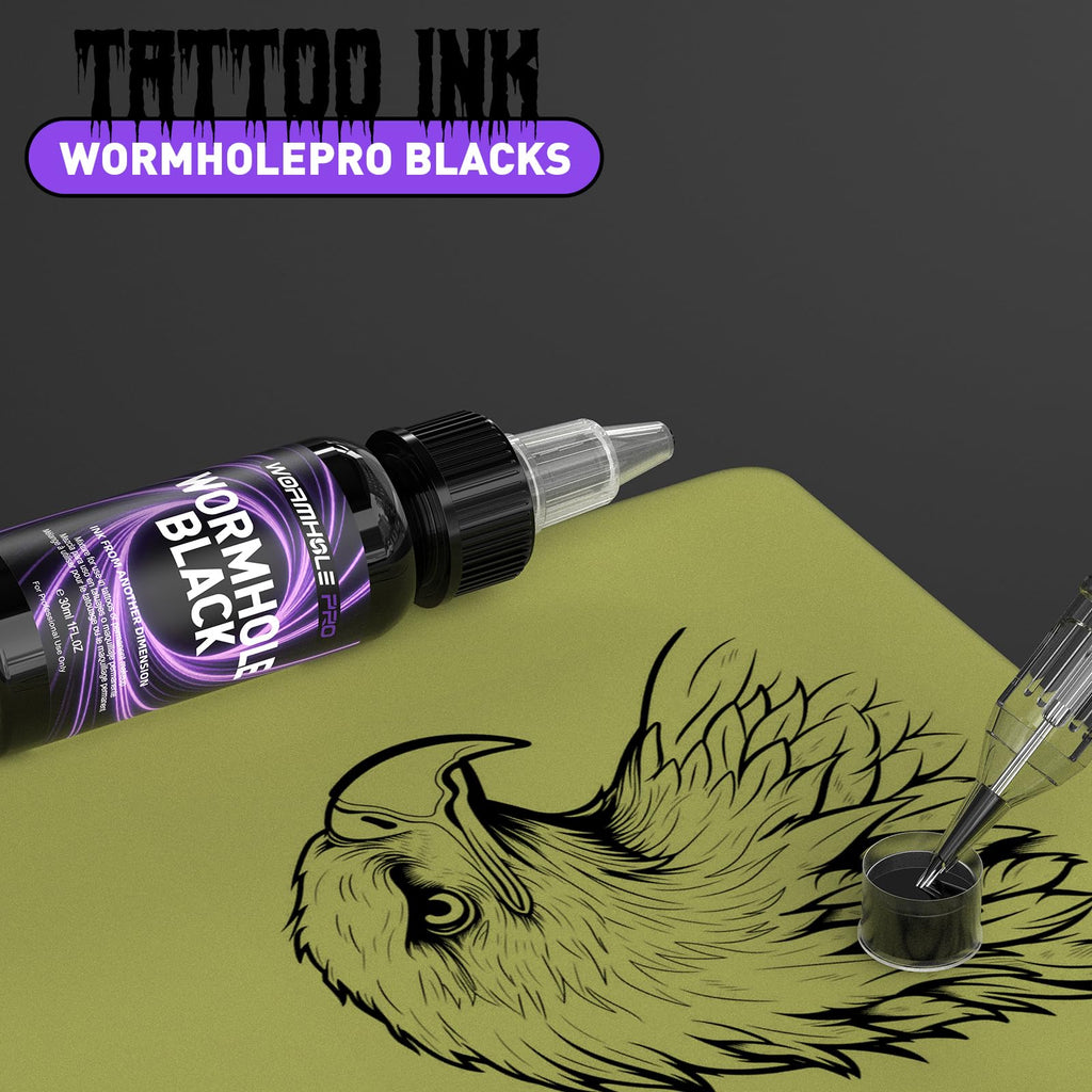 WORMHOLEPRO Black Tattoo Ink, Premium Long Lasting Vivid Color Tattoo Ink, Vegan Friendly Pigment Tattoo Supplies for Tattooist (1 oz Bottle)