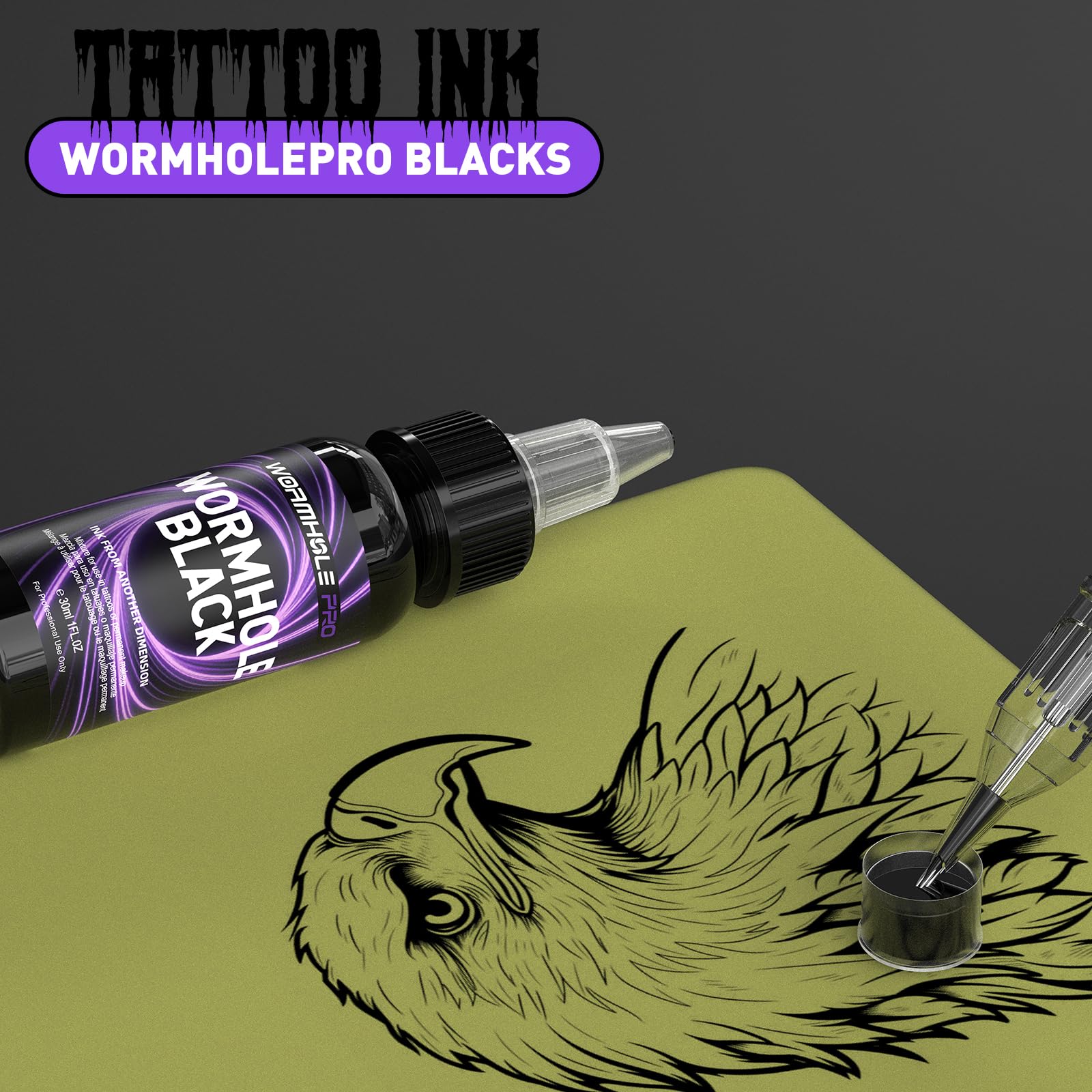 WORMHOLEPRO Black Tattoo Ink, Premium Long Lasting Vivid Color Tattoo Ink, Vegan Friendly Pigment Tattoo Supplies for Tattooist (1 oz Bottle)