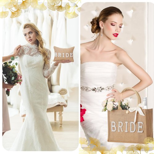 Sweetude 2 Pcs Bride Bag Set Bride Jute Beach Tote Bag with Ribbon Makeup Pouch with Rhinestone Letter Bridal Shower Gift for Bachelorette Wedding Engagement