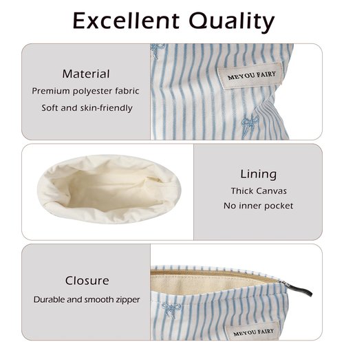RSRSLEII Striped Makeup Bag for Women, Blue Cosmetic Bag with Bow, Travel Toiletry Cosmetic Bag with Zipper, Cute Women Aesthetic Organizer Storage Pouch, Girls Handbags Purses (03 White Stripe)