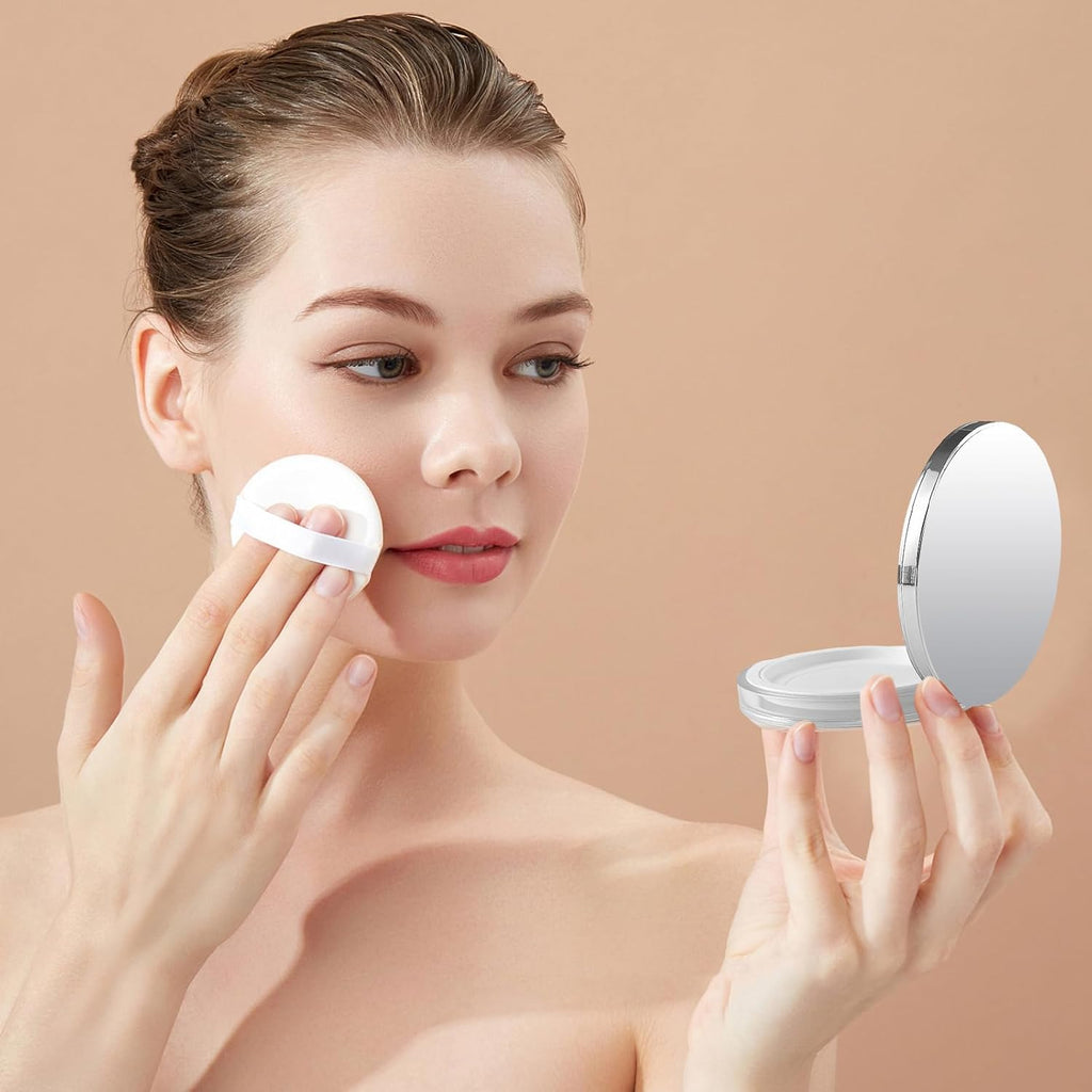 Tokusatsu Refillable Loose Powder Container - 2-Pack Travel Makeup Compact with Puff & Mirror | 0.17 oz (Pink, Silver)