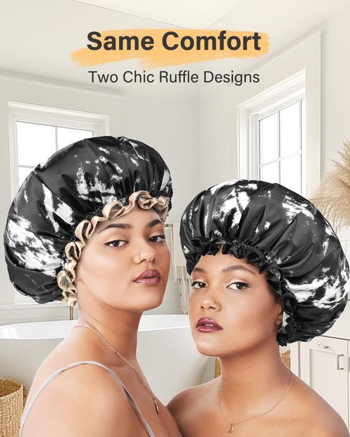 mikimini Large Shower Cap for Women Men Reusable Waterproof, Double Layer Adjustable Hair Cap with Elastic Band for Long Hair & Braids - Classic Black and White Design