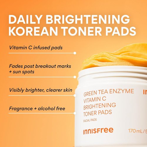 Innisfree Green Tea Enzyme Toner Pads - Brightening Face Pads for Dark Spots & Radiance