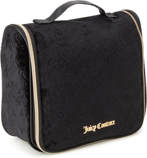 Juicy Couture Black Makeup Bag - Velour Cosmetics Organizer with Hanging Hook for Travel Essentials