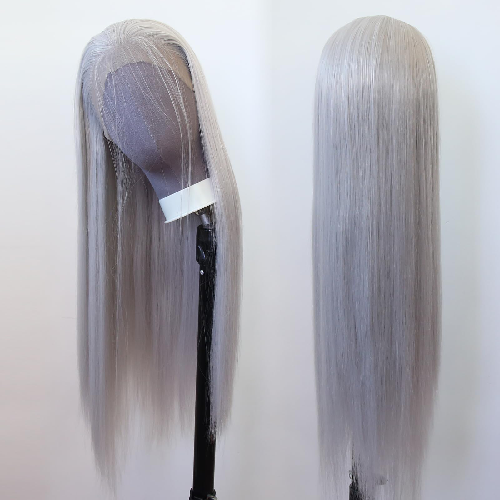 Zigzag Hair Lace Front Wigs - Long Straight Synthetic Pre Plucked with Natural Hairline, Heat Resistant, Glueless Silver Synthetic Lace Wig