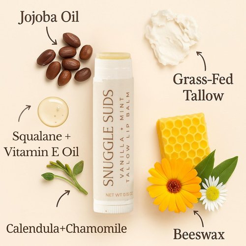 Snuggle Suds Grass-Fed Beef Tallow Lip Balm 3-Pack (0.15 oz Each) - Jojoba & Squalane Oils, Beeswax, Vitamin E, Chamomile & Calendula Infused - Ultra-Hydrating Lip Moisturizer - Variety