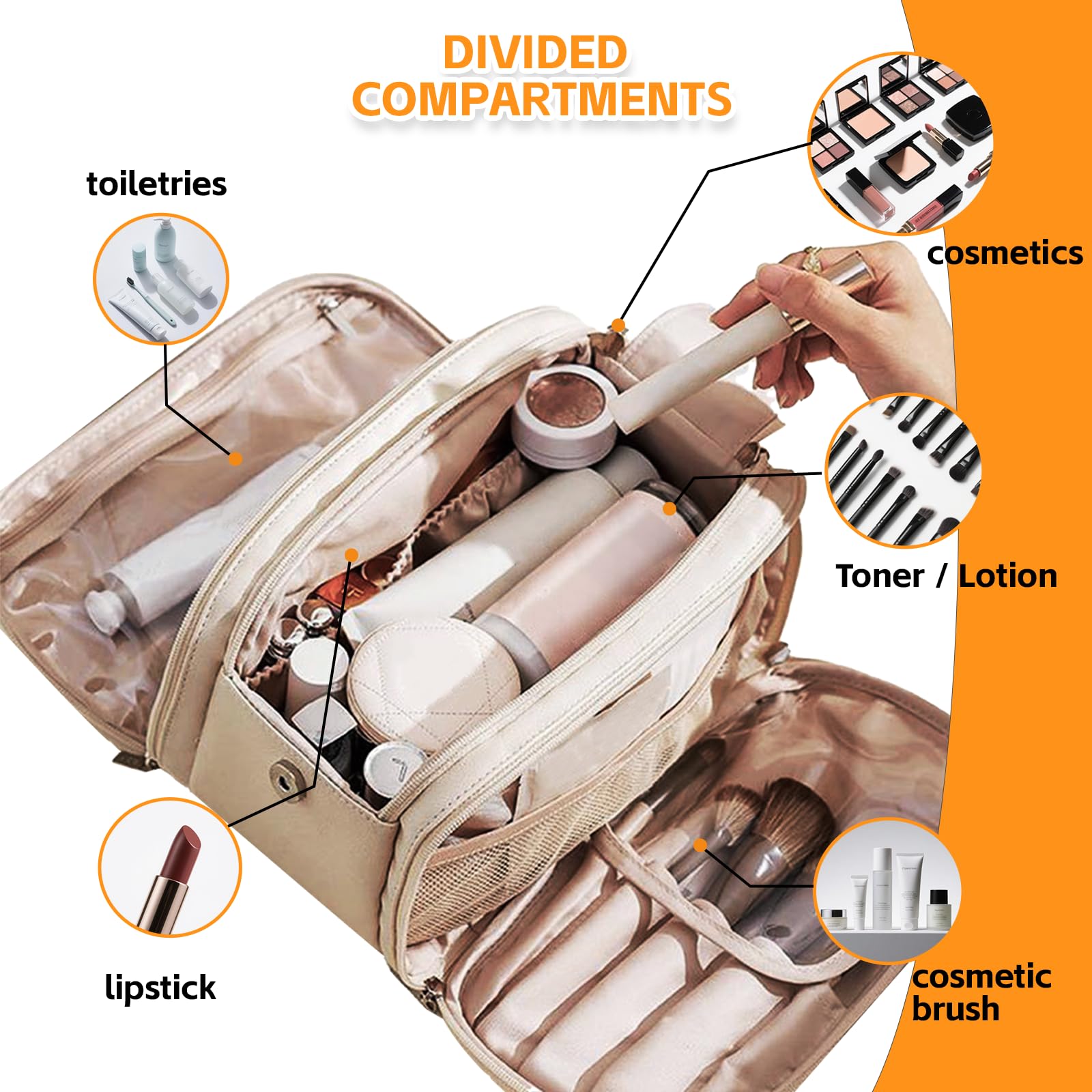 YDR Cosmetic Bag Large Capacity,Travel Makeup Bag with Divider Portable Toiletry Bag Make Up Punch Storage Women