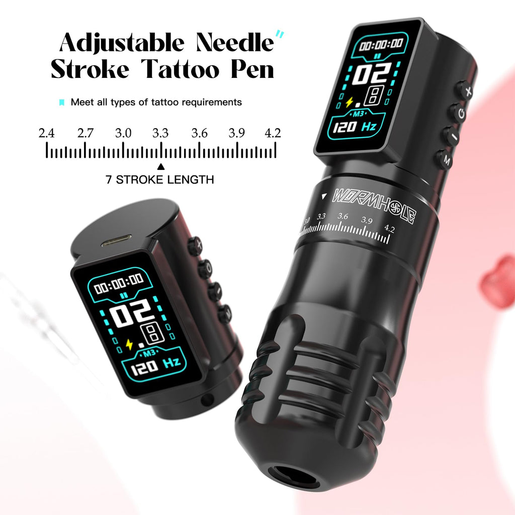 Wormhole Tattoo Gun Kit Xtreme Tattoo Ink Aluminum Alloy Wireless Tattoo Machine with 2Pcs 2300mAh Battery Adjustable Tattoo Pen Rotary Complete Professional Tattoo Kit for Artists - Black