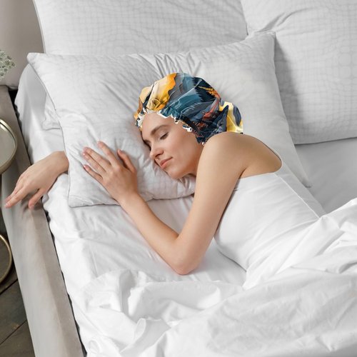 Deokke 2 PCS Bonnets for Women Girls Satin Hair Bonnet Silk Adjustable Elastic Double Layer Hair Wrap Sleep Cap Comfort Cute-Sun Moon Sunset