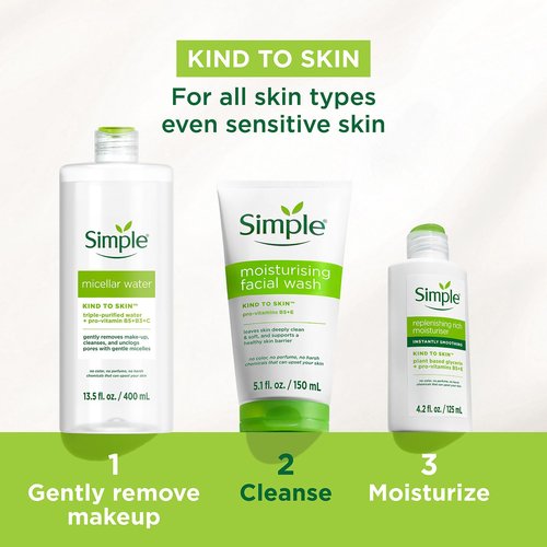 Simple Kind To Skin Moisturizing Face Wash - Facial Cleanser with Vitamin B5 and E - Removes Oil, Dirt, and Other Impurities - Sulfate Free - 2 pc