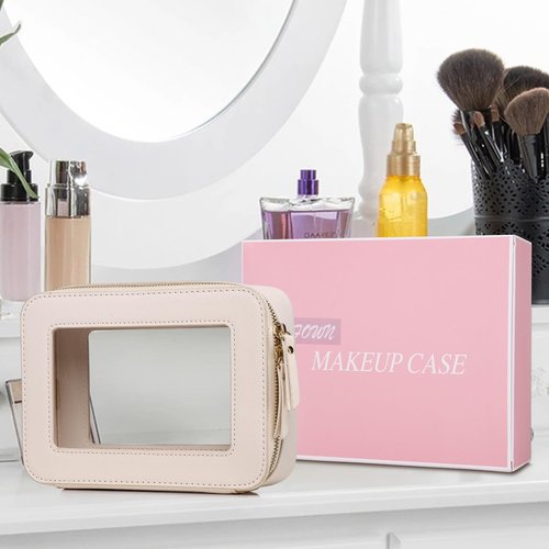 LOFOWN Clear Makeup Bag Women's Waterproof Travel Cosmetic Case and Toiletry Bag Portable Makeup Organizer Bag Car Essential with Zipper (Beige, M-1)