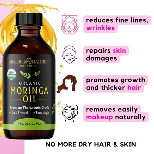 Mother Nature USDA Organic Moringa Seed Oil, 100% Pure, Cold-Pressed, Unrefined Oil for Face, Skin Care & Hair Growth, Aceite de Moringa para la Cara, Anti-Aging. Non-GMO & Gluten Free (4 Oz)
