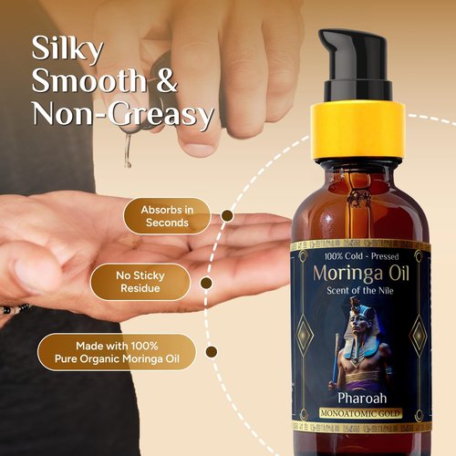 Pharoah - Men's 100% Pure Moringa Oil Blended with Leather, and Sweet Tobacco Essential Oils and Infused with Egyptian Ormus Gold for Face, Hair, Nails, Beard, and Tattoos. 2oz. (60 ml)