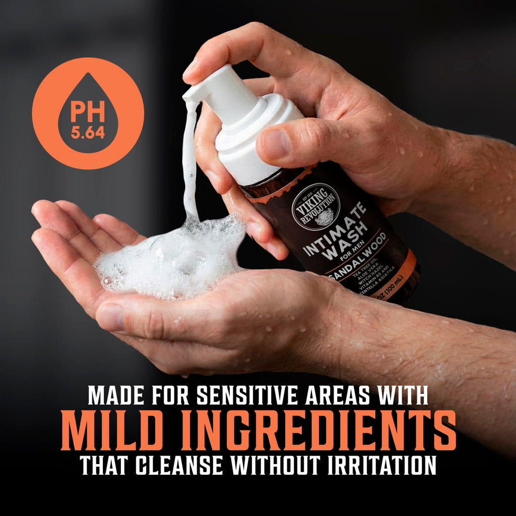 Viking Revolution Mens Intimate Wash - Foaming Body Wash Men with Aloe Vera, Tea Tree Oil, Witch Hazel - Cleaning, Refreshing Soap for Mens Hygiene Essentials - Stocking Stuffers for Men (3.4 fl oz)