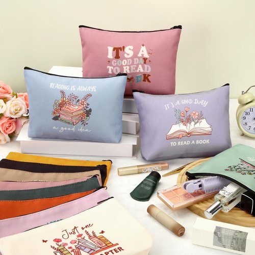 Sunnymove 12 Pcs Book Lover Makeup Bags Book Club Gifts for Women Novelty Bookish Cosmetic Bag with Zipper Pouch for Teen Adult Bookish Librarian Reader Gifts (Boho Style)