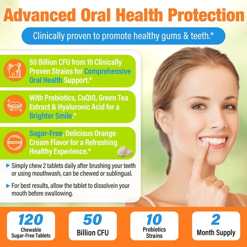 Oral Probiotics for Mouth Bad Breath Treatment for Adults, 50 Billion CFU, 19-in-1 Advanced Dental Probiotic for Teeth & Gum Restore, Fresh Breath, Dry Mouth, Gut & Overall Health - 120 Tablets
