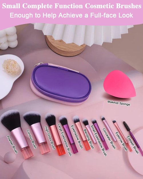 PGRODE Mini Travel Makeup Brushes Set, 14 Pieces, Portable Full Complete Function Cosmetic Kit with Brush Pouch, On the Go Short Makeup Brush Small Travel Essentials for Kids, Women, Girls (Colorful)