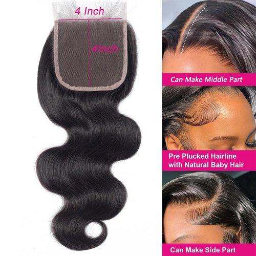 Body Wave Human Hair Closure 4x4 Lace Closure 20 Inch 12A Brazilian Virgin Hair Free Part Pre Plucked Skinlike Lace Closure Human Hair Natural Black Color (Black Body Wave Closure, 20)