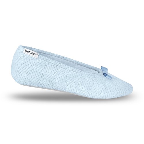 isotoner Women's Diamond Microterry Gemma Ballerina Slippers with Memory Foam Comfort and Genuine Suede Sole, Blue Fog Diamond, 5-6