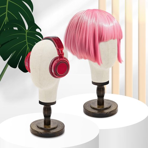 GHWMYD Wooden Wig Stand with Realistic 21.7 Inch Canvas Mannequin Head - Stylish Display and Storage for Wigs, Hats, Caps, Headdresses, and Accessories - Durable Rustic Hat Rack for Home or Salon Use