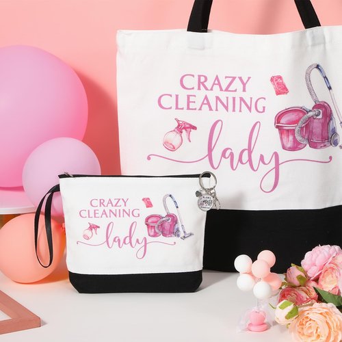Kacctyen 3 Pcs Housekeeping Appreciation Gift, Housekeeping Week Tote Bag Cosmetic Makeup Bag Cleaning Keychain for Cleaning Service Staff Coworker