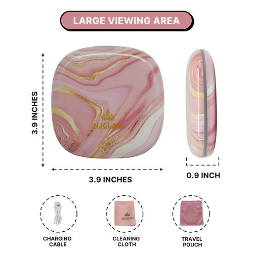 NJ GLAM Lighted Makeup Compact Mirror, 3.9 Inch – 1x/10x Magnification Portable, LED – Auto Light On/Off - USB Charging, (Blush Marble)