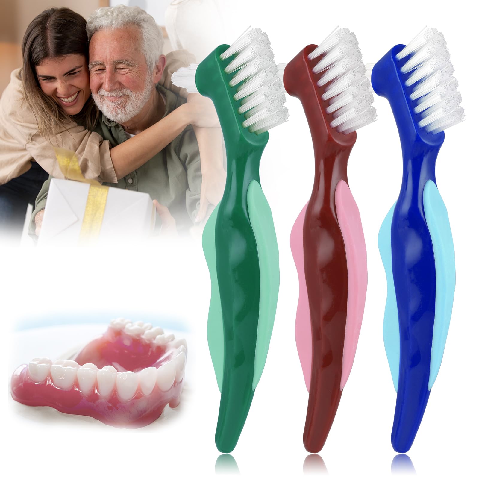 WY LIGHTING LEVEL 3 Pcs Hard Denture Brush, 3 Colors Premium Hygiene Denture Cleaning Brush for Denture Care, Double Sided Toothbrush with Multi-Layered Bristles & Rubber Anti-Slip Handle