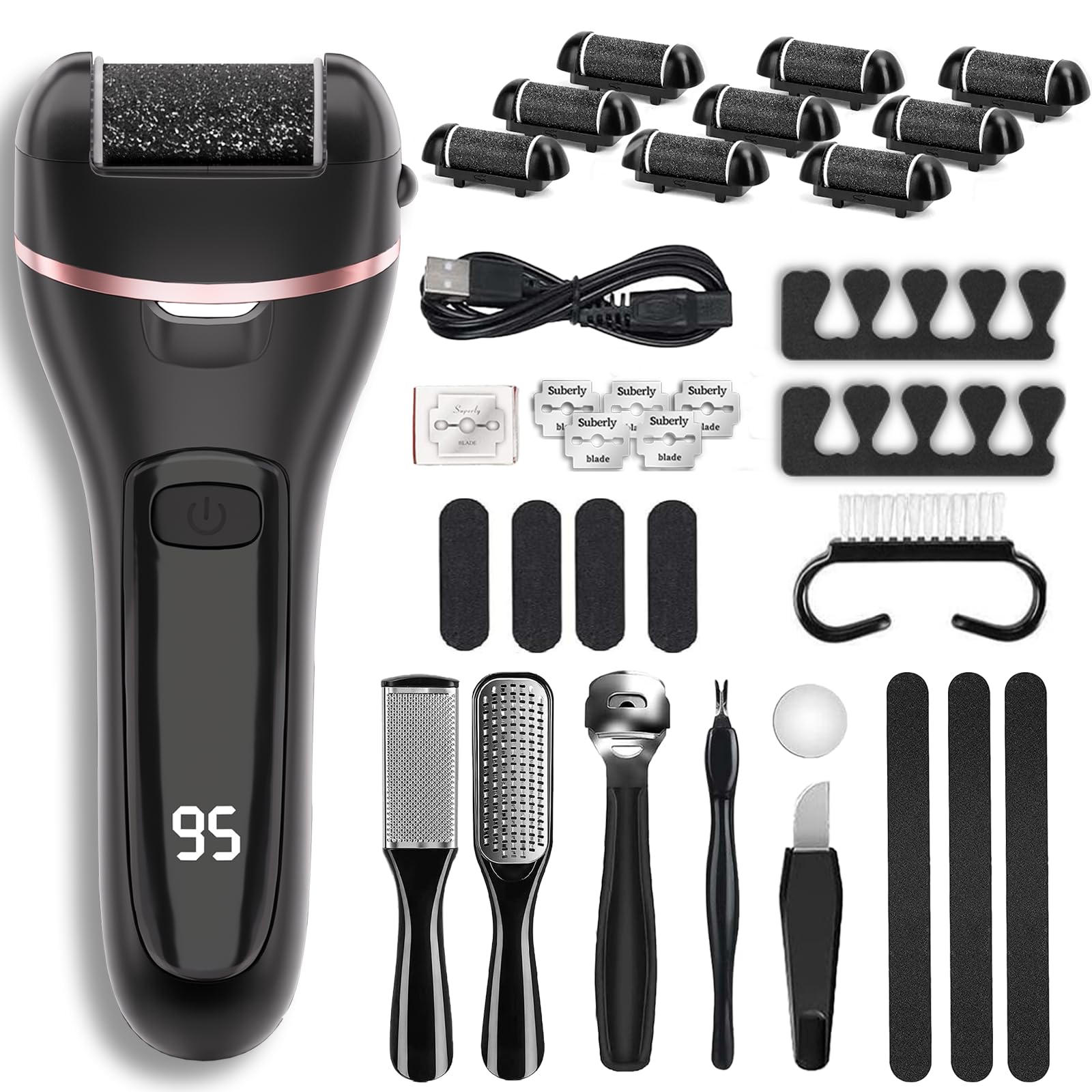 Wea&Hea Electric Callus Remover for Feet, 30 in 1 Professional Pedicure Kit with 9 Roller Heads, 2-Speed Rechargeable & Waterproof Foot File - Ultimate Foot Spa Tools for Smooth Skin at Home